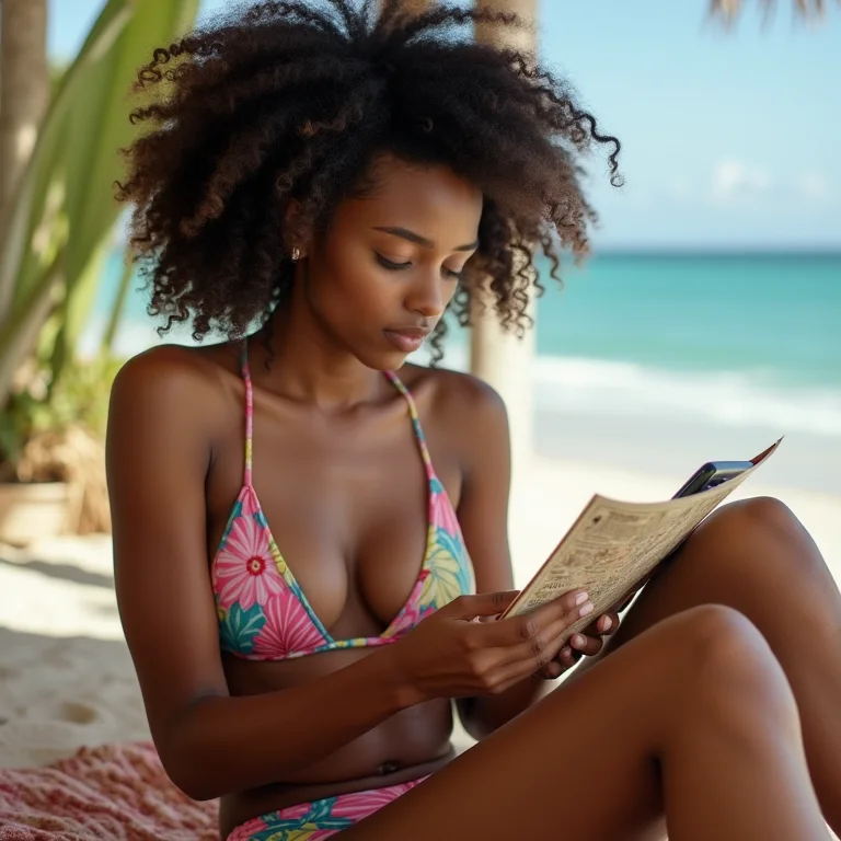 Jovem negra estudando mapa de Santa Catarina no celular.