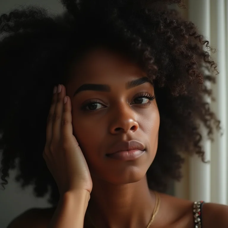 Jovem negra evitando coçar o couro cabeludo.