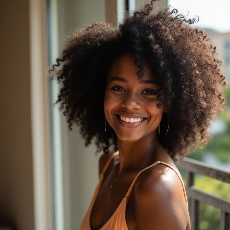 Jovem negra modelando ondas naturais em varanda