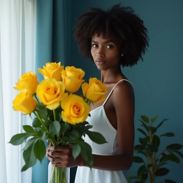 Jovem negra percebendo que as rosas amarelas não combinam com a decoração azul.
