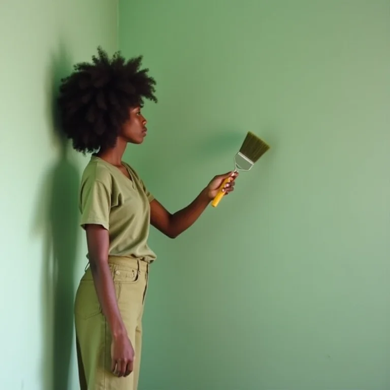 Jovem negra pintando parede de verde claro.