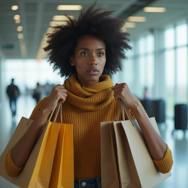 Jovem negra preocupada com excesso de compras no aeroporto