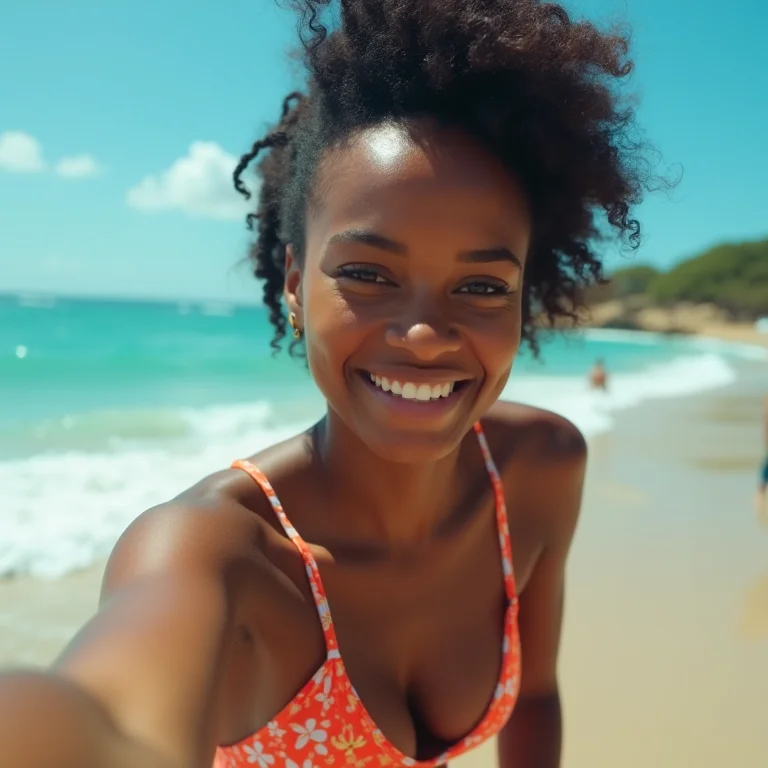 Jovem negra tirando selfie na Praia do Saco, exibindo beleza e alegria.