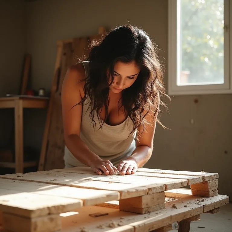 Jovem transformando palete de madeira em móvel