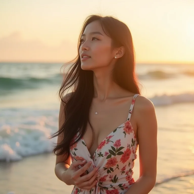 Jovem vestindo um vestido longo para o ano novo na praia