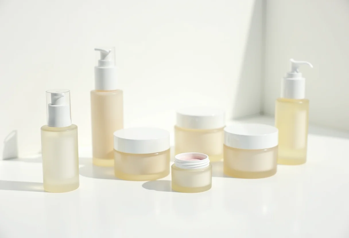 Kit de skincare essencial com produtos dispostos em fundo branco