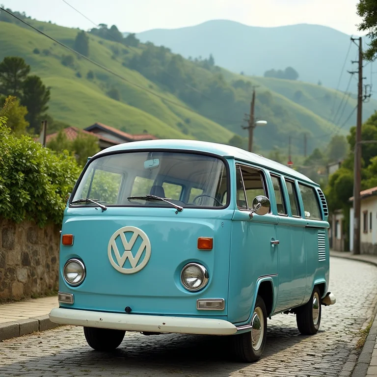 Kombi vintage azul estacionada em rua de paralelepípedos no Litoral Norte de SP.
