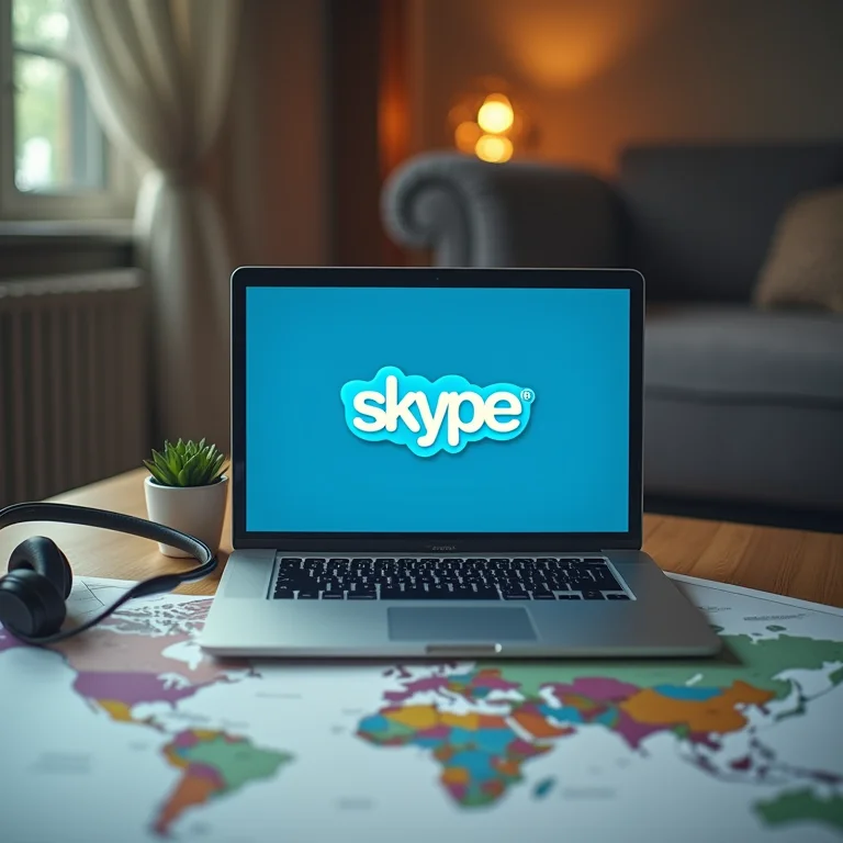Laptop com logo do Skype, headset e mapa-múndi com o Brasil destacado