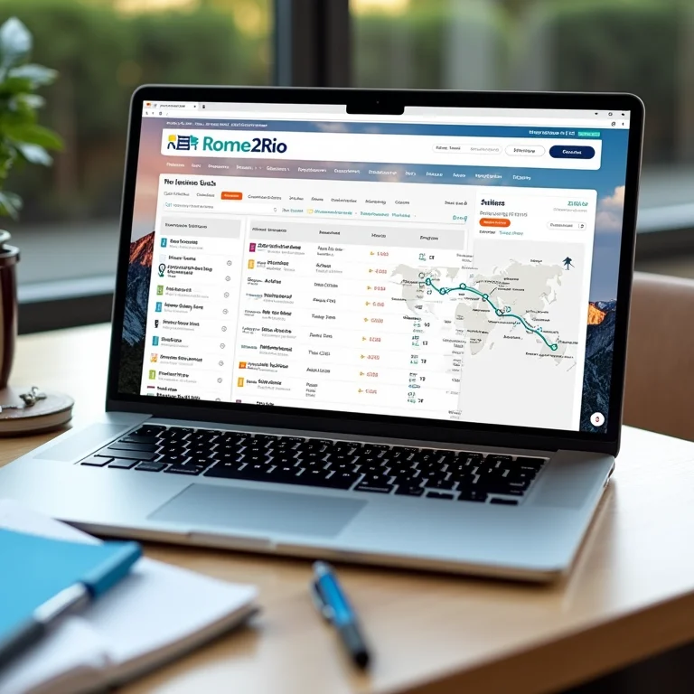 Laptop mostrando site Rome2Rio com opções de transporte.
