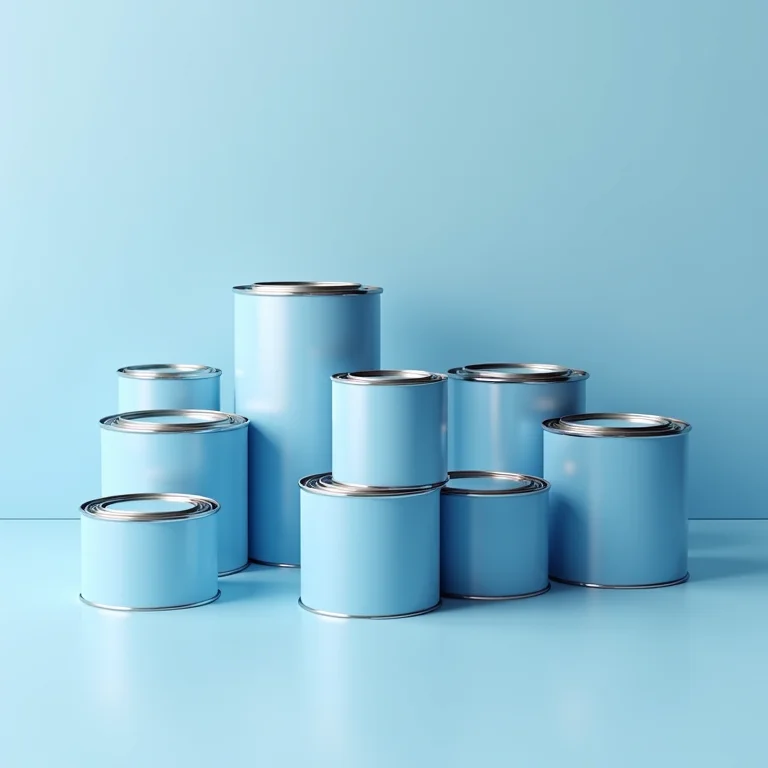 Latas de tinta Coral em diversos tons de azul.
