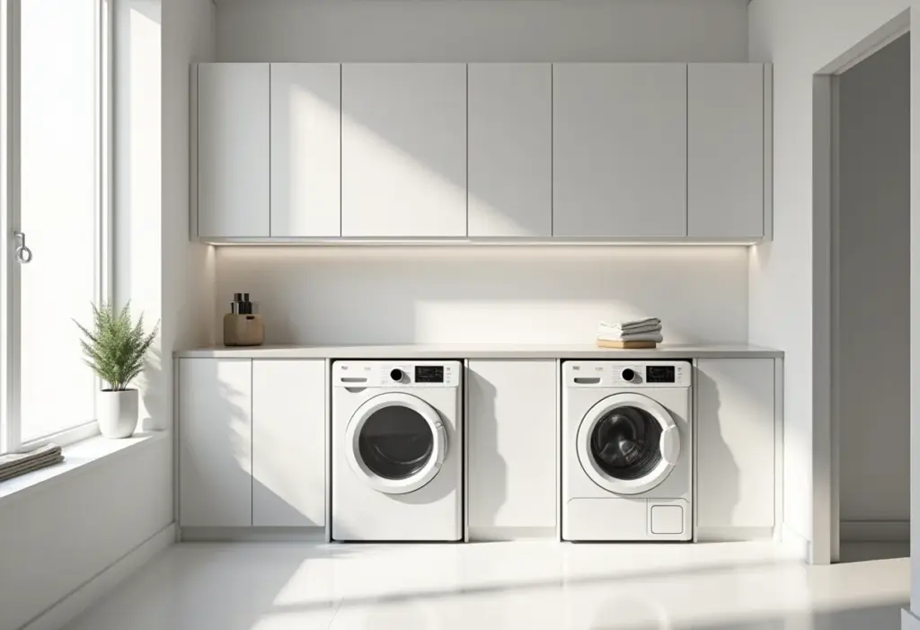 Lavanderias de luxo: o segredo para suas roupas impecáveis Lavanderia de luxo com design minimalista e luz natural.