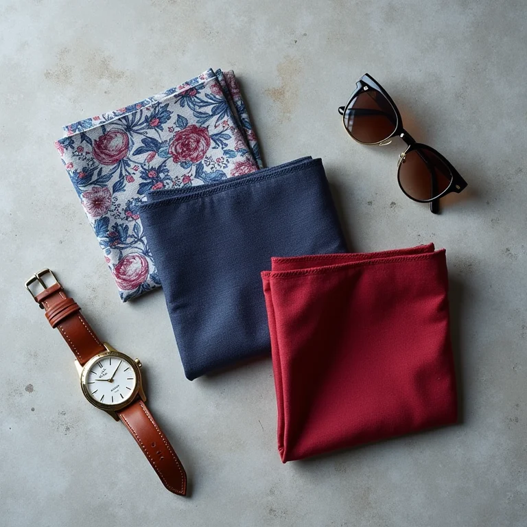 Lenços de bolso dobrados com acessórios