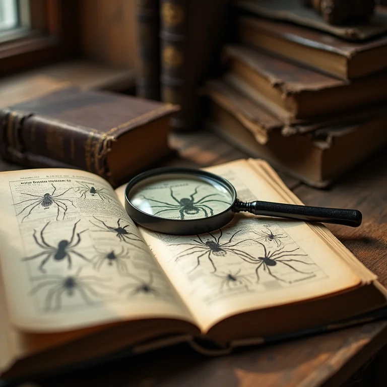 Livros antigos, lupa e caderno científico com diagramas de aranhas.