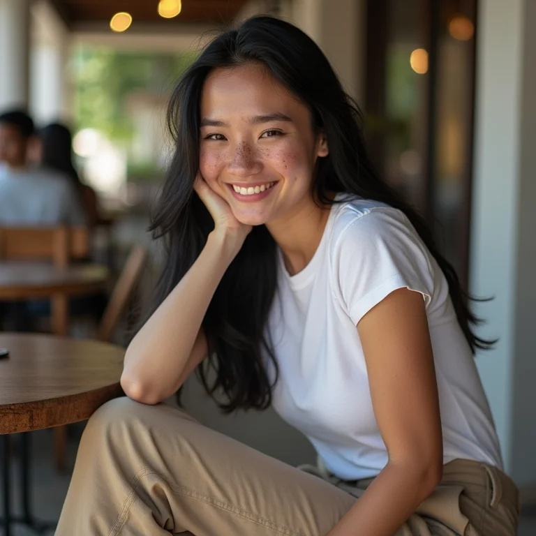 Look casual chic com calça de sarja cáqui, camiseta branca e tênis.