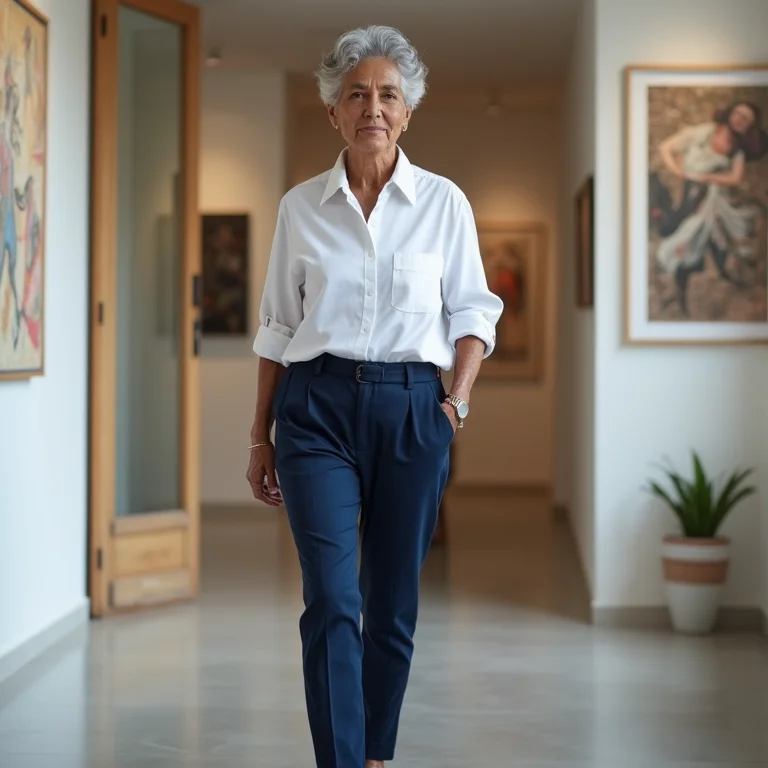 Look elegante despojado com calça de sarja azul marinho, camisa social e sapatos de couro.