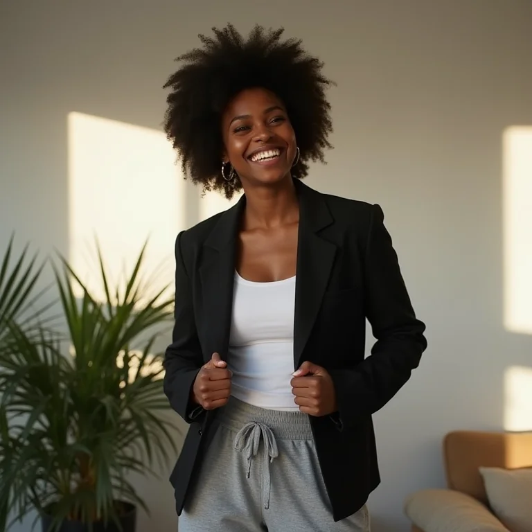 Look estiloso com calça de moletom, blazer e tênis.