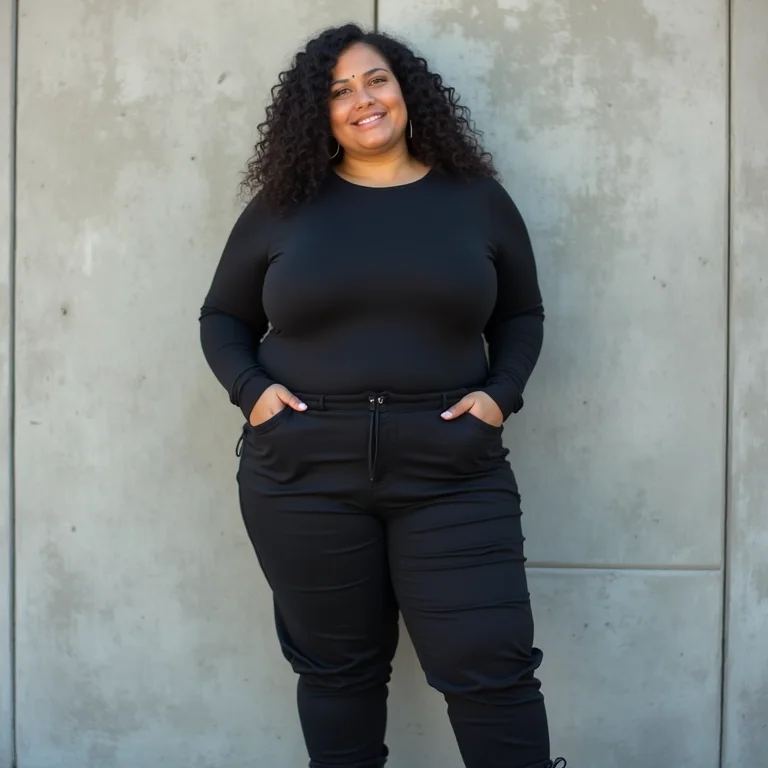 Look minimalista moderno com calça de sarja preta, camiseta de manga longa e coturno.