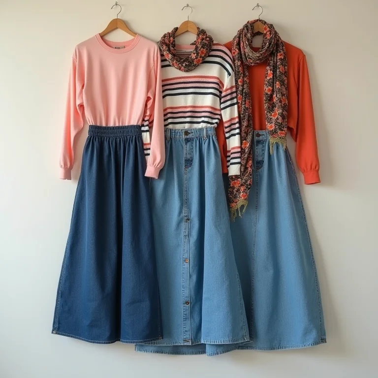 Looks coloridos e estampados com saia longa jeans.