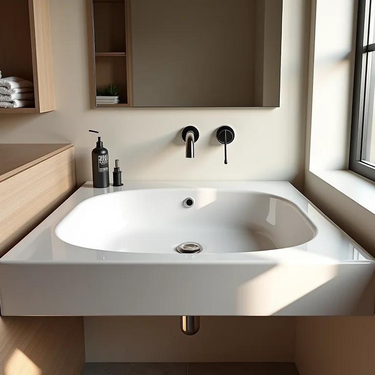 Louças e metais desproporcionais em banheiro pequeno.