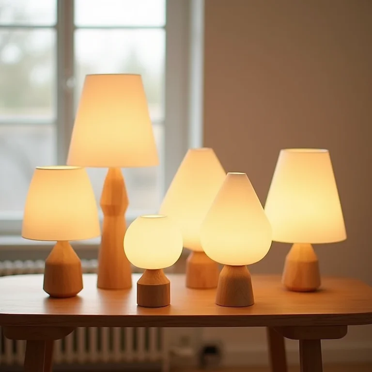 Luminárias criativas feitas com madeira em mesa de madeira