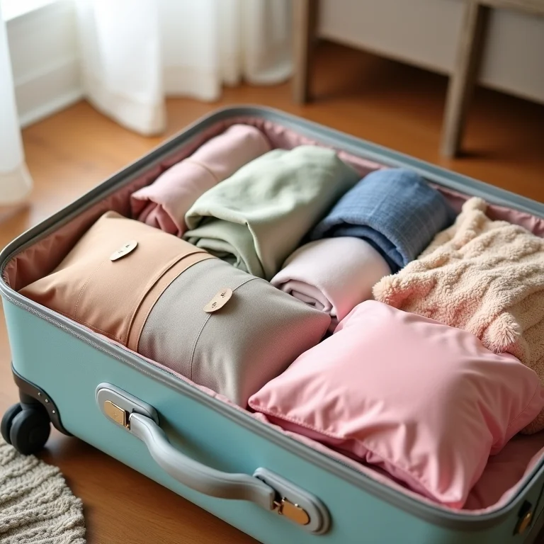 Mala de viagem parcialmente preenchida com o app PackPoint mostrando sugestões de itens para levar