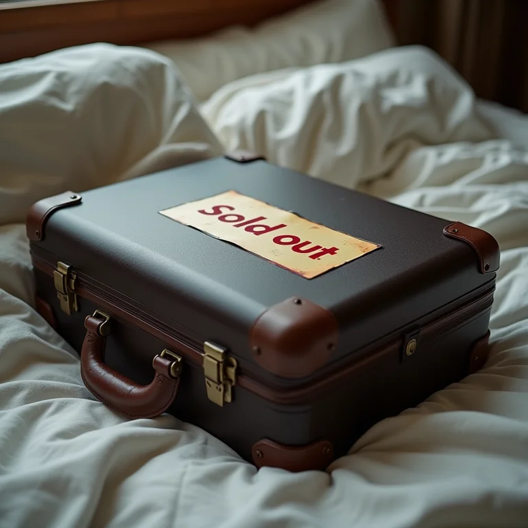 Mala fechada com adesivo de 'esgotado' em cima de uma cama desarrumada.