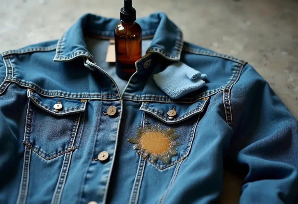 Mancha de graxa em jaqueta jeans com produtos de limpeza ao lado.