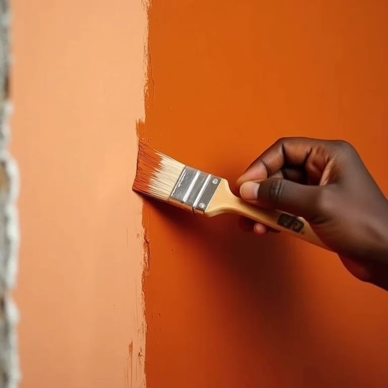 Mão negra retocando pintura de parede com pincel.