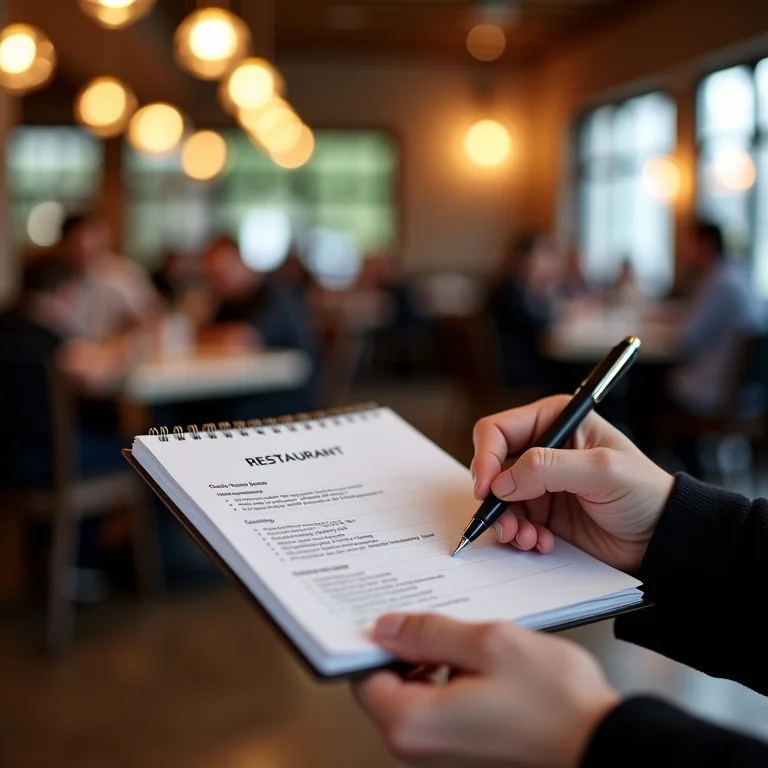 Mão segurando caderno de anotações de avaliação de restaurante