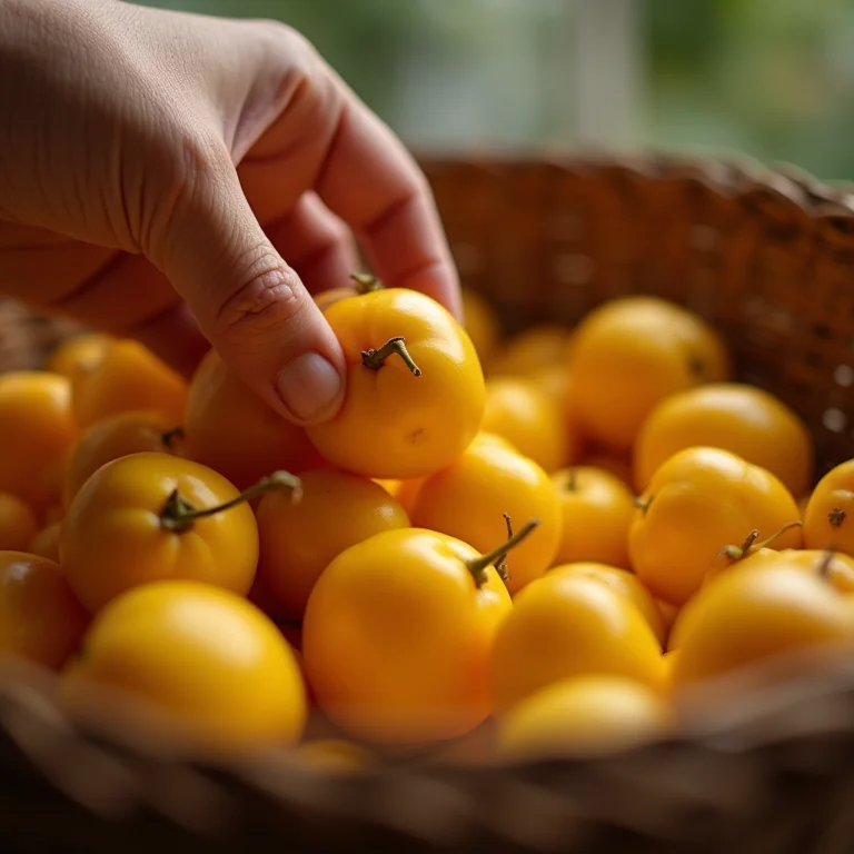 Mão selecionando frutos de pequi maduros em uma cesta.