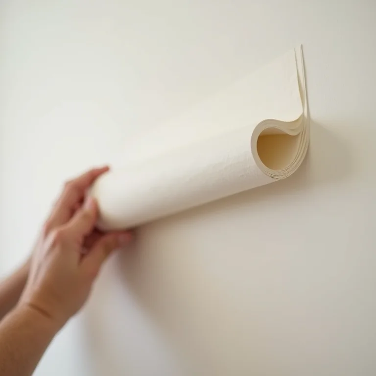 Mãos aplicando papel de parede adesivo em parede lisa.