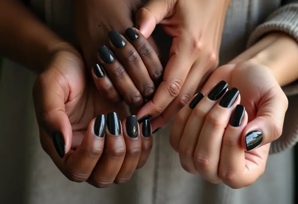 Mãos com diferentes designs de unhas em gel pretas.