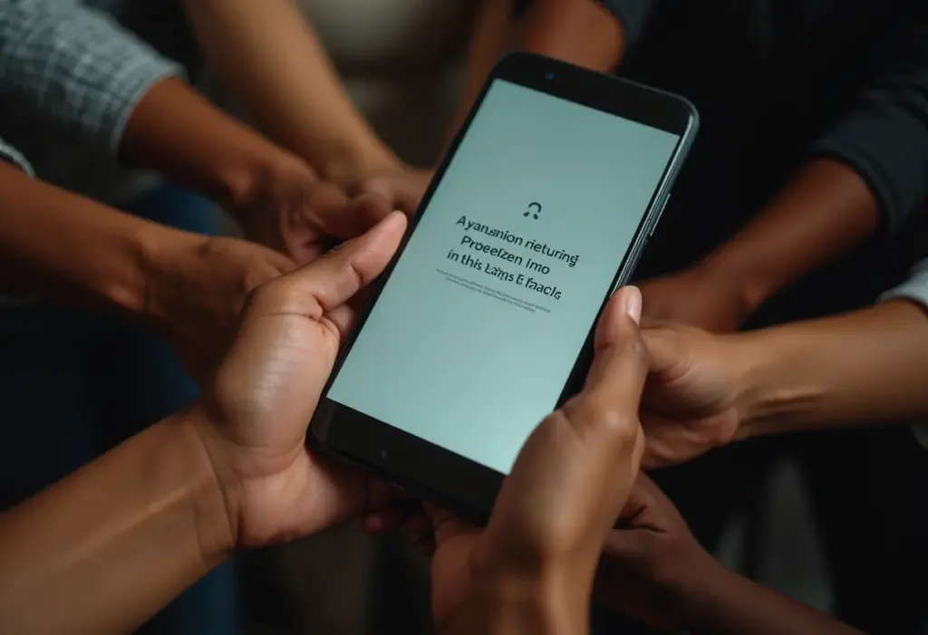 Embratel a cobrar? O golpe que você precisa conhecer para se proteger Mãos de diferentes etnias e idades interagindo com um smartphone, representando o golpe do Embratel a cobrar.