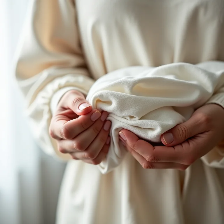 Mãos mostrando como dobrar mangas em diferentes tecidos (linho, algodão, seda).