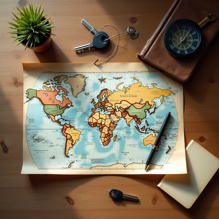 Mapa, bússola, journal e chaves de carro em uma mesa.