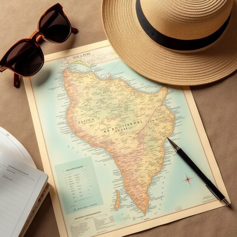 Mapa, chapéu de sol, óculos e caderno de viagem para planejar a visita ao Litoral Norte de SP.