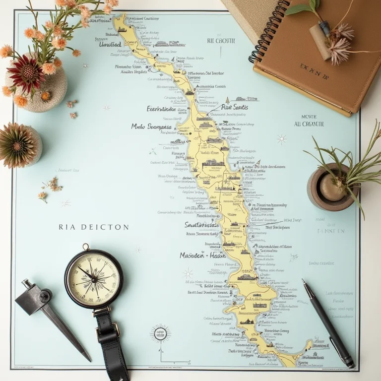 Mapa com roteiro ideal para explorar o Rio Santos.