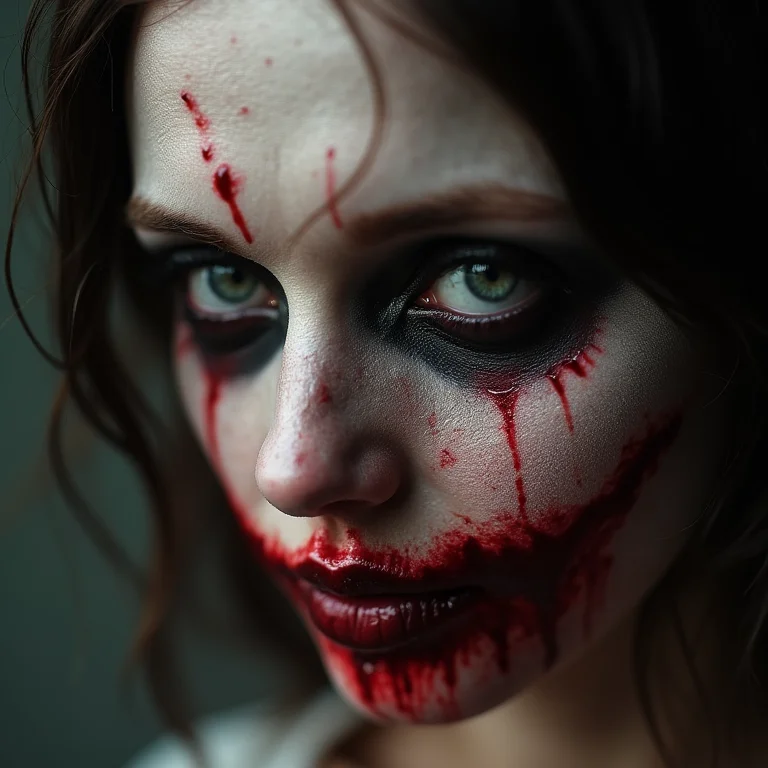 Maquiagem de zumbi aterrorizante para o Halloween com sangue falso