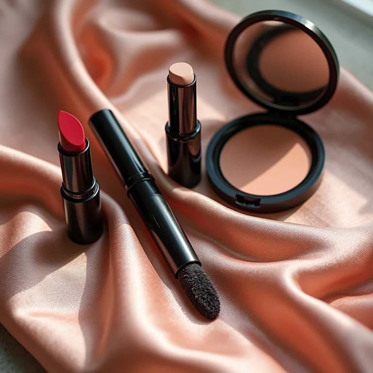 Maquiagem essencial em tamanho viagem disposta sobre um lenço de seda.