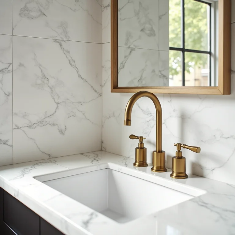 Materiais de alta qualidade para lavanderia de luxo: mármore, azulejos texturizados e metais dourados.