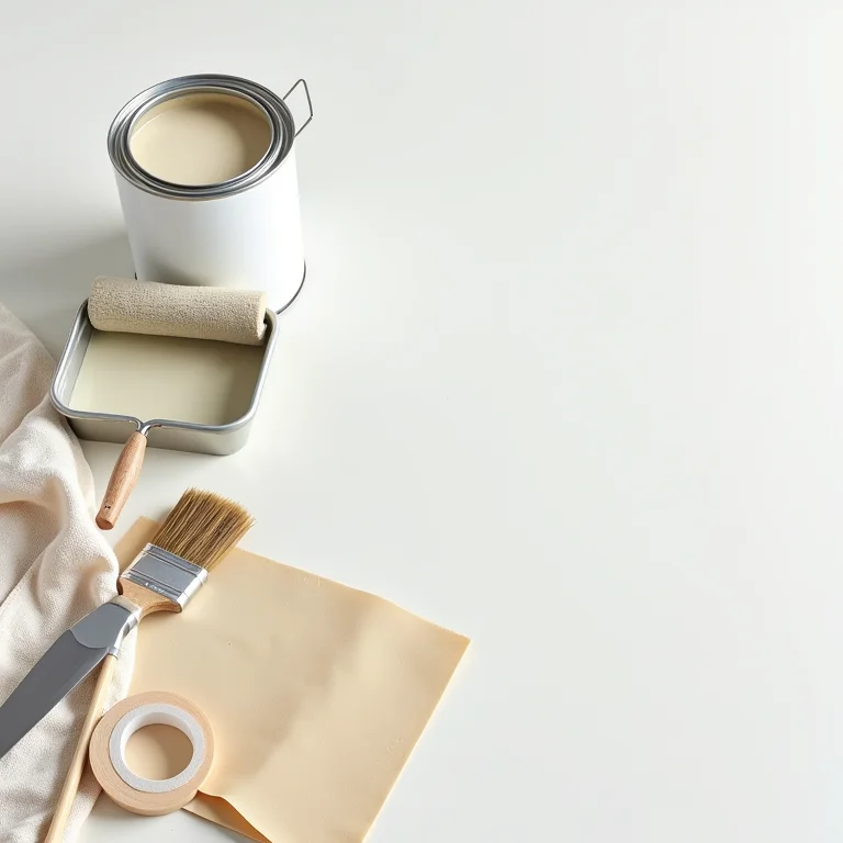 Materiais essenciais para pintar parede dispostos em flat lay.