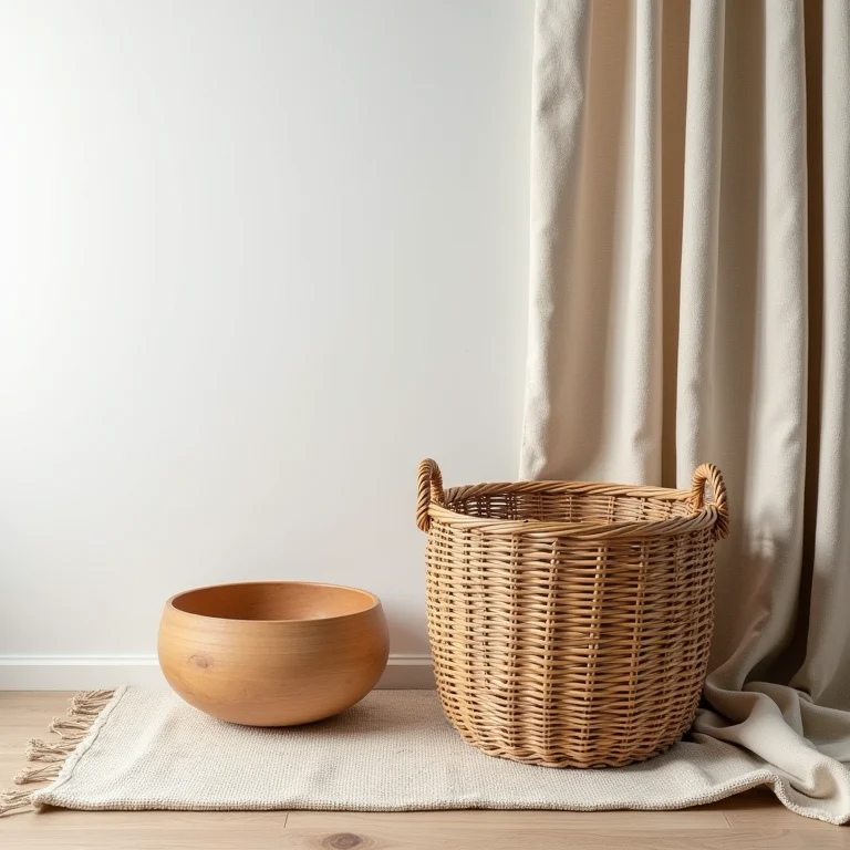 Materiais naturais como vime, linho, madeira e algodão