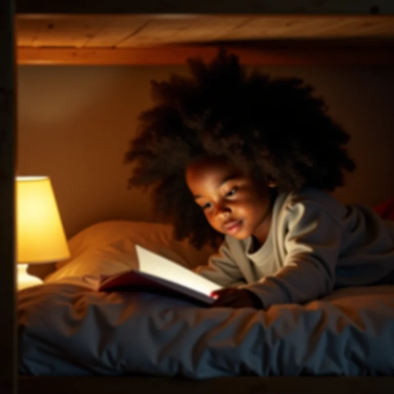 Menina negra lendo na beliche com iluminação suave