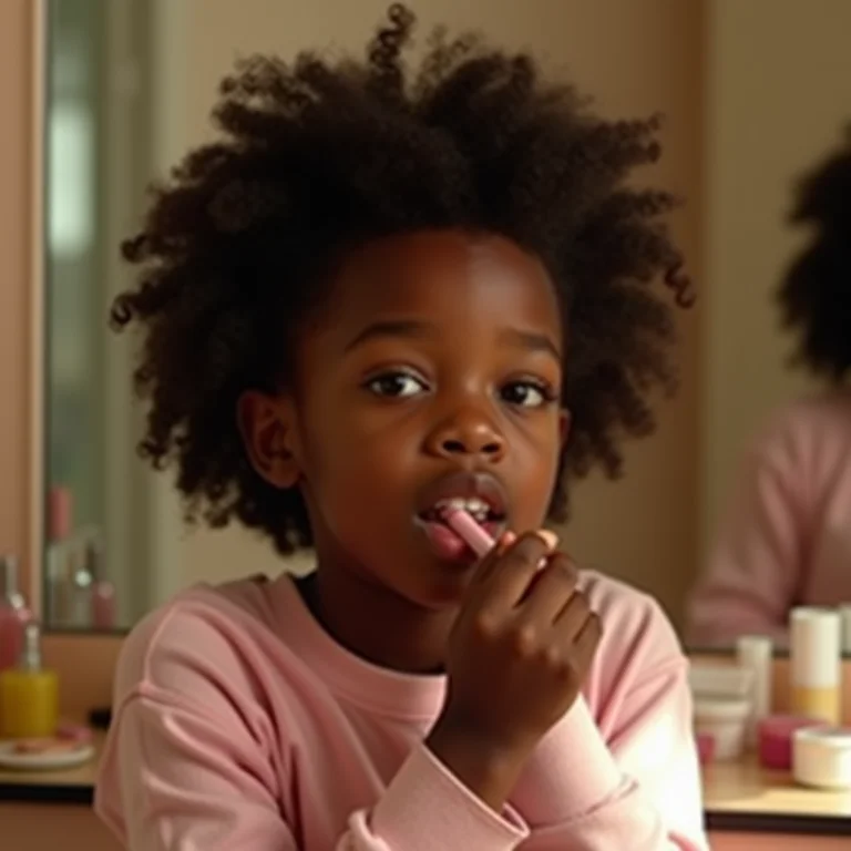 Menina negra se cuidando em frente à penteadeira