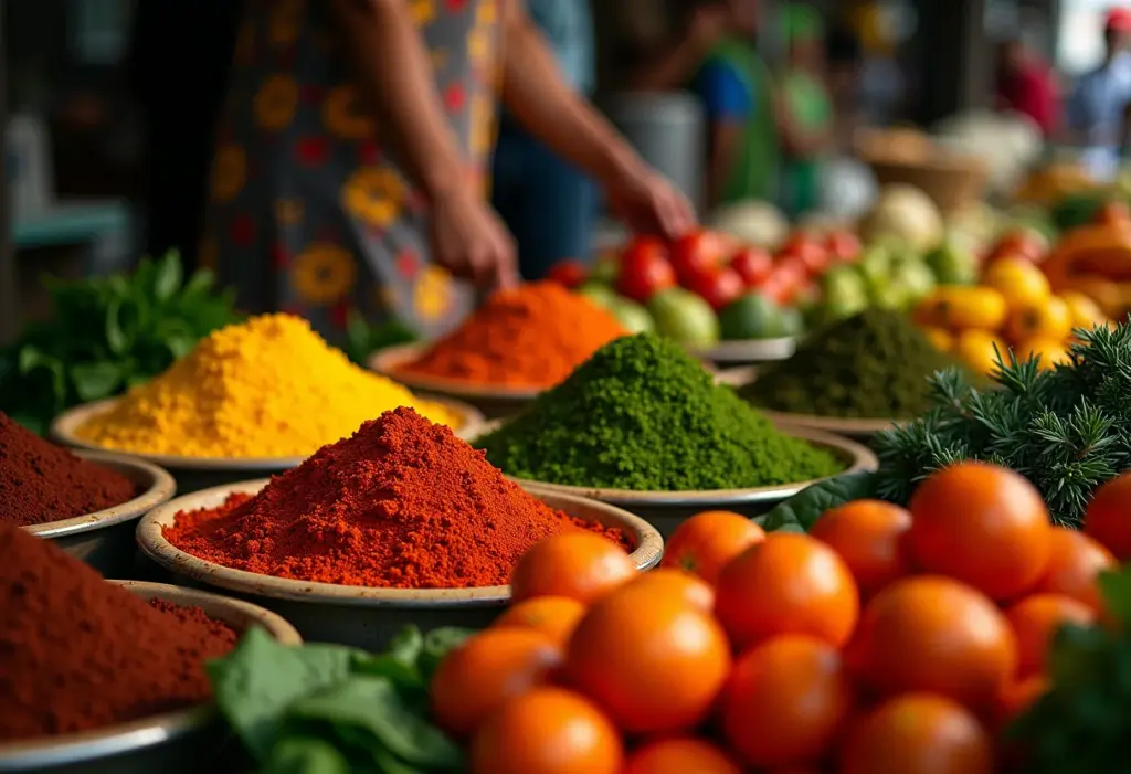 Mercado brasileiro vibrante com frutas e especiarias.