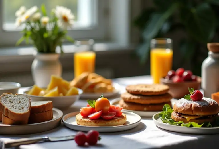 Mesa de brunch decorada com elegância e fartura.