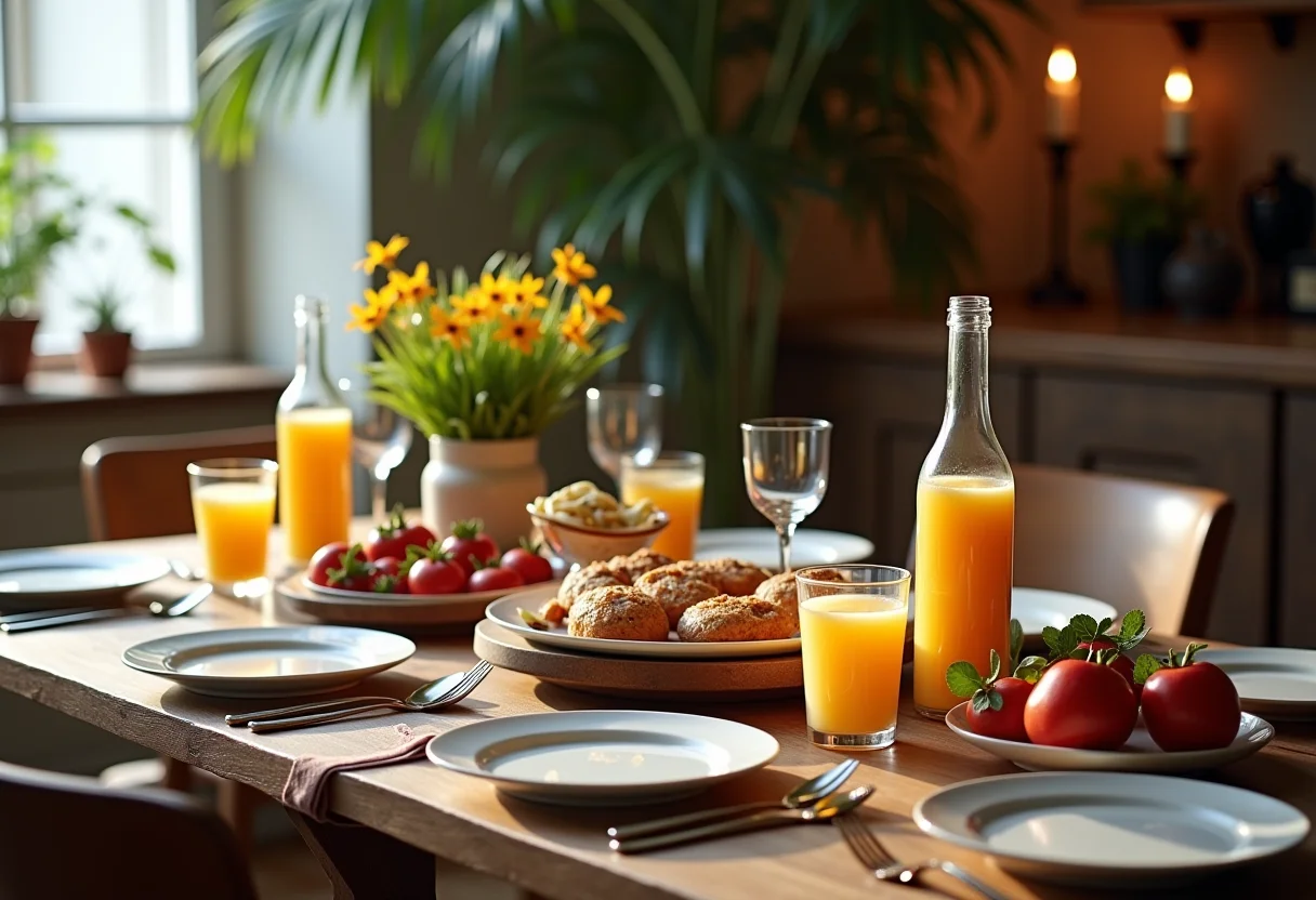 Mesa de brunch decorada com elegância e fartura