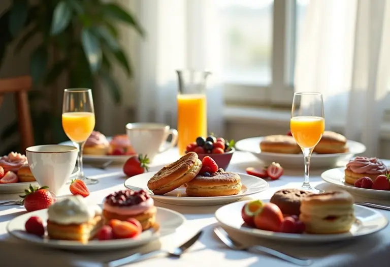 Mesa de brunch decorada com frutas, doces e flores.