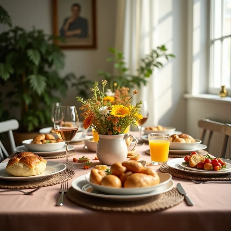 Mesa de brunch exageradamente decorada.