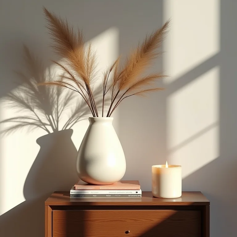 Mesa de cabeceira decorada com acessórios em quarto de hóspedes